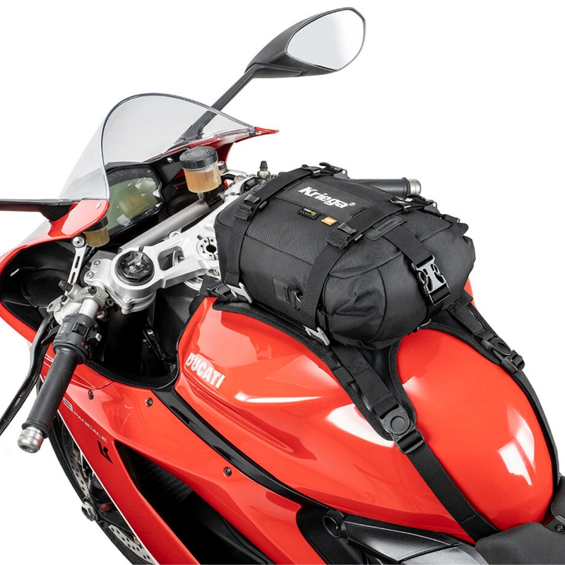 Image of tank bag fitted on tank of red Ducati superbike