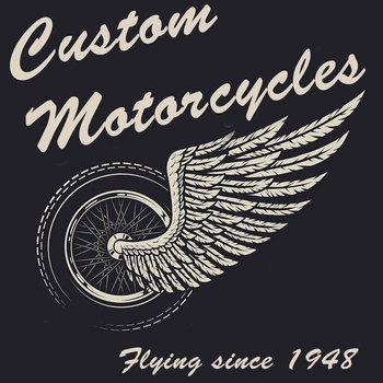 Black background image of winged motorcycle wheel with written text