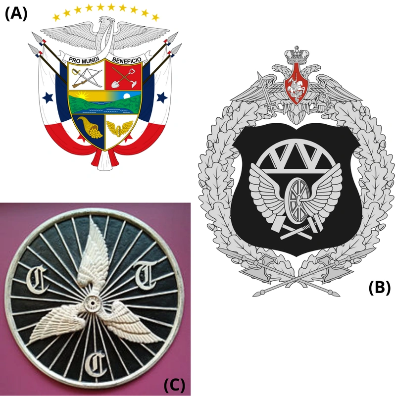 Collage image of winged wheel logos of different countries